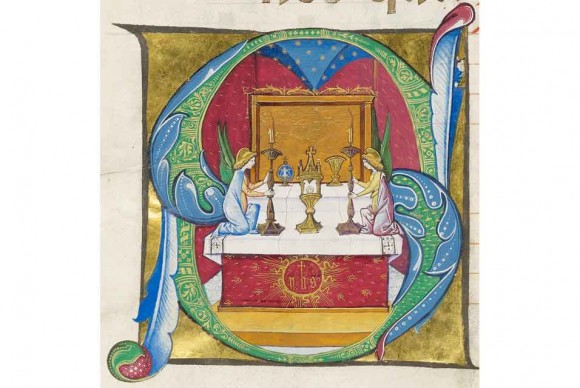 Altar Prepared for the Feast of Corpus Christi detail from an Antiphonary one of the six “Lodi Choir Books” 580x388 The central role of the Eucharist in the Middle Ages is explored in exhibition at the Morgan