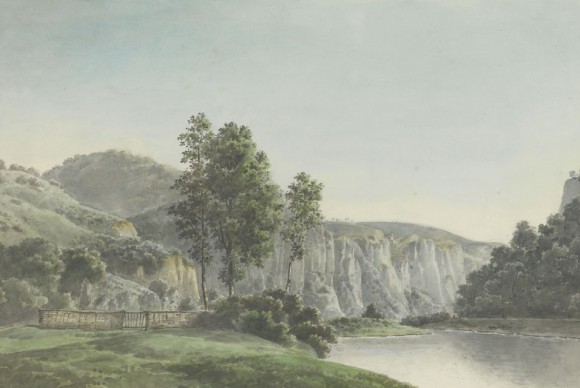 Josephus Augustus Knip River Landscape with Distant Cliffs 1809 watercolor over graphite on wove paper with double framing lines in gray ink 580x388 Charles Ryskamps Romantic Drawings on View at the Yale Center for British Art