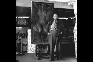 Mexican muralist Diego Rivera poses before his latest work a nude painting of dancer Maudelle Bass titled Dancer in Repose at his studio in Mexico 300x200 Mexican muralist Diego Rivera poses before his latest work, a nude painting of dancer Maudelle Bass titled Dancer in Repose, at his studio in Mexico