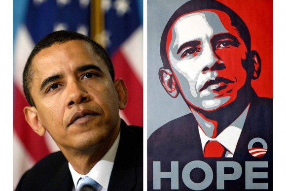 A poster of President Barack Obama right by artist Shepard Fairey is shown for comparison with this file photo of then Sen 580x388 Photographer and Associated Press Drop Claims Against Each Other