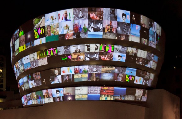 Videos are displayed on the exterior of the Solomon R. Guggenheim Museum in New York 580x379 After 23,358 Submissions, Mediums Collide at YouTubes Guggenheim Exhibit