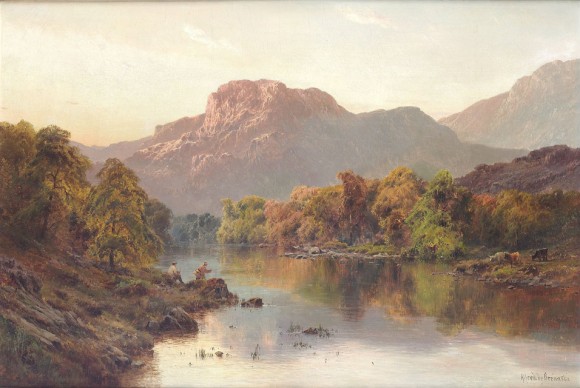 Alfred de Breanski 1852 1928 Fishermen and cattle Betts y Coed 580x388 Two Evocative Paintings of Welsh Landscapes to be Auctioned at Bonhams