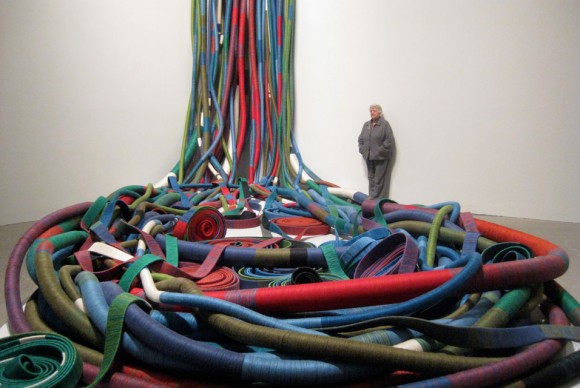 Sheila Hicks standing in the galleries yesterday at the end of installation with May I Have This Dance 580x388 First Major Retrospective to Honor Artist Sheila Hicks at the Institute of Contemporary Art
