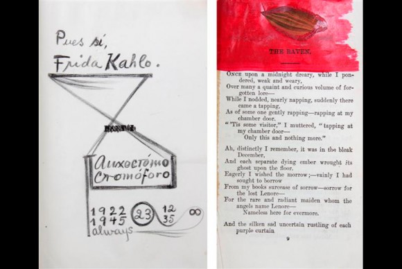 Frida Kahlo covered the book with doodles inscriptions paint and collaged leaves 580x388 Frida Kahlo Never Before Seen Artists Book to be Sold at Leslie Hindman Auctioneers