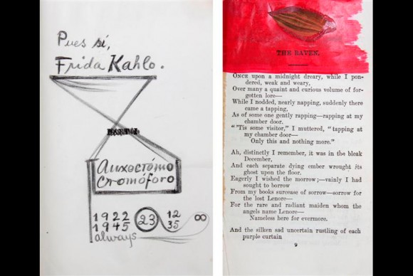 Frida Kahlo covered the book with doodles inscriptions paint and collaged leaves 580x388 Frida Kahlo Never Before Seen Artists Book to be Sold at Leslie Hindman Auctioneers