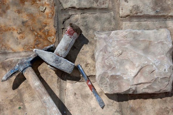 Workers tools used in the restoration of the wall at the Damascus Gate in Jerusalems Old City 580x388 Jerusalems five century old walls restored at cost of $5 million, idiosyncracies and all